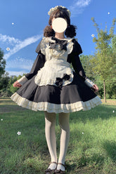 Black/White Maid Long Sleeves Ruffle Bowknot Stitching Sweet Short Lolita Dress